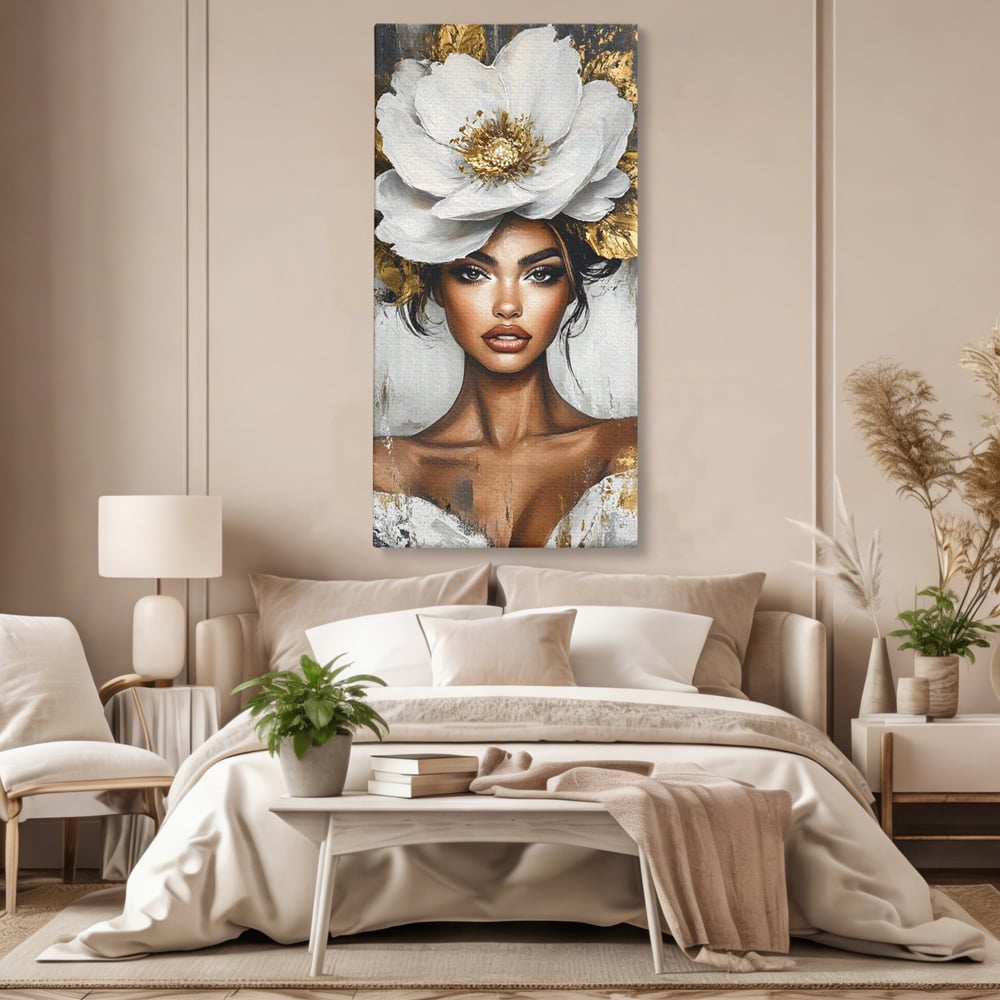 Tablou canvas cu tablou canvas cu portret de femeie si floare, fara rama, pe sasiu de lemn, pe perete intr-un dormitor